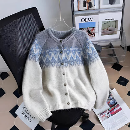 Women's contrast colour jacquard thickened sweater coat in loose fit with long sleeves, available in milky white, brown, or navy blue