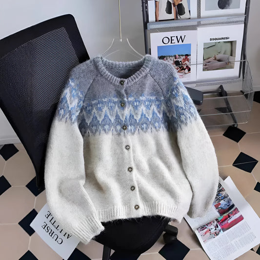 Women's contrast colour jacquard thickened sweater coat in loose fit with long sleeves, available in milky white, brown, or navy blue