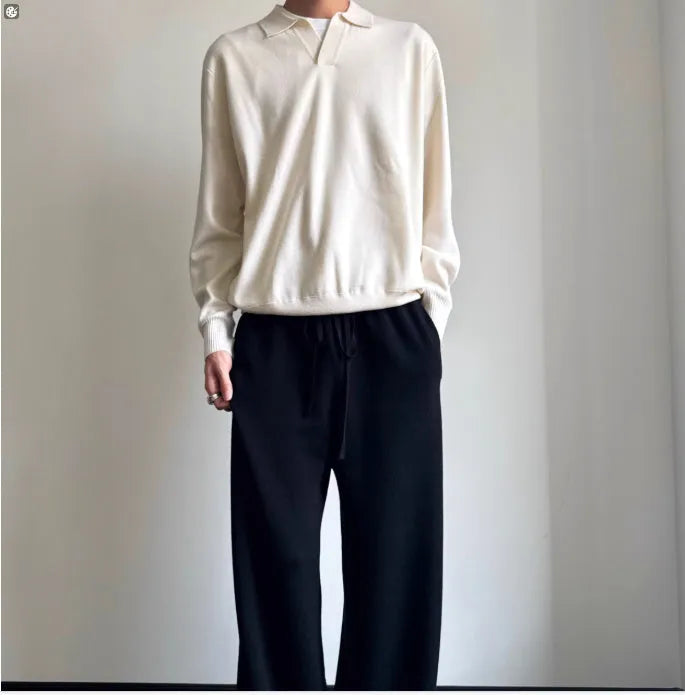 Old Money Style pure wool polo sweater with lapel collar and long sleeves in milky white or navy blue, loose fit