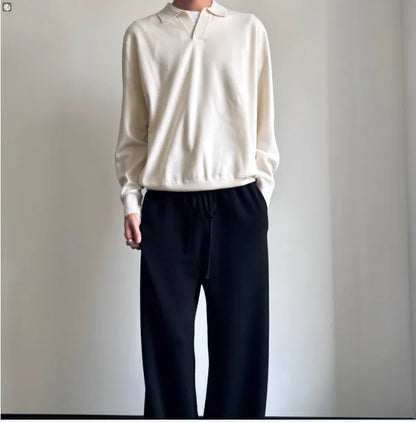 Old Money Style pure wool polo sweater with lapel collar and long sleeves in milky white or navy blue, loose fit