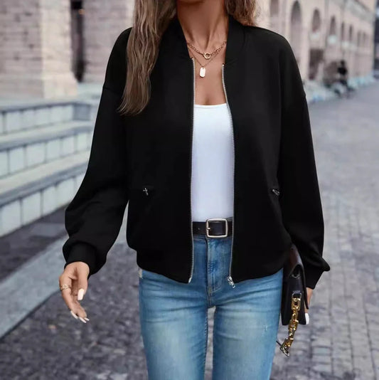 Black women's zip jacket with long sleeves and faux pockets in Japanese Korean casual style