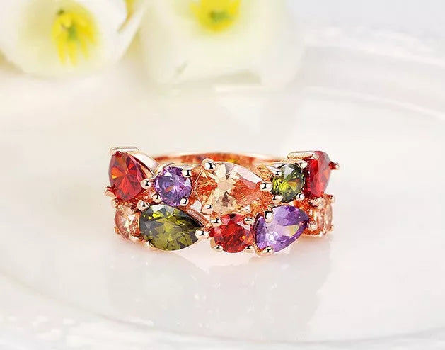Colored zircon rings with 18k gold plating and AAA zircon stones in sizes 4 to 8