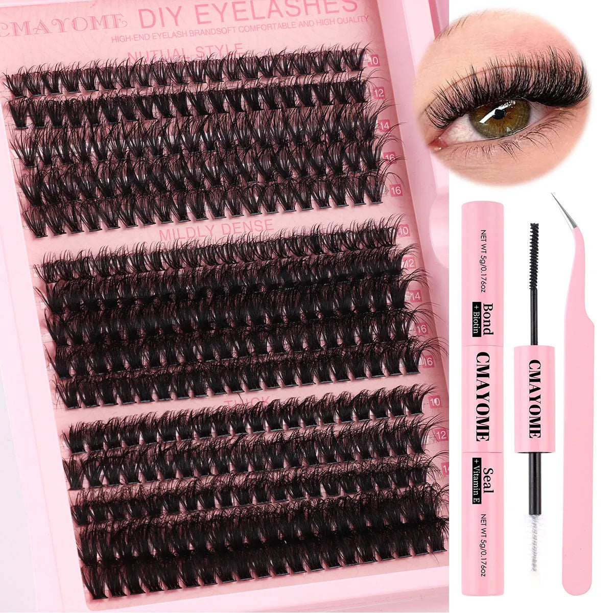 DIY false eyelash extension kit showing single clusters, tweezers, and DIYSET402/403 options on a pink background.