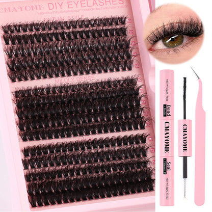 DIY false eyelash extension kit showing single clusters, tweezers, and DIYSET402/403 options on a pink background.