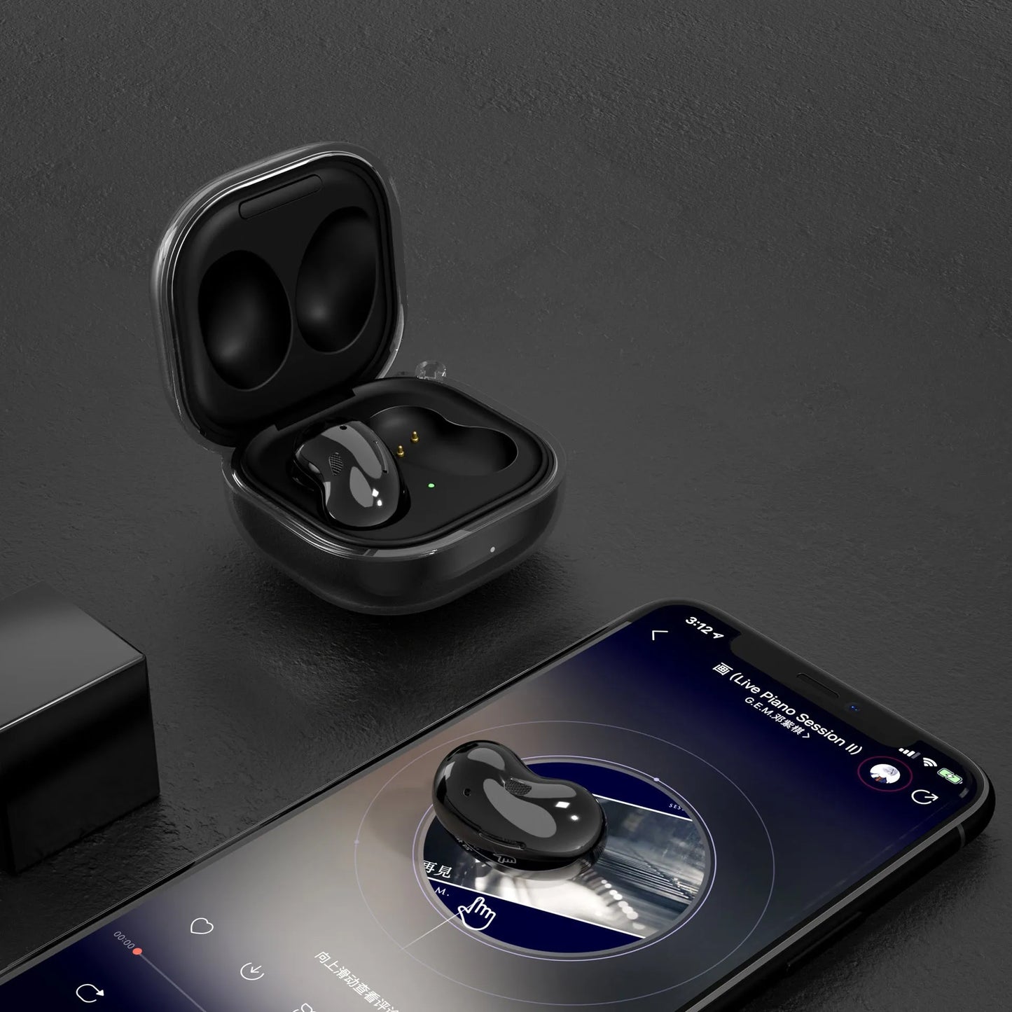 Transparent clamshell-style Bluetooth earphone case in translucent black, gold, purple, and clear colours.
