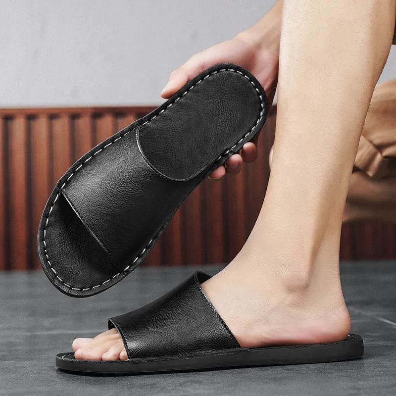 Men's brown leather casual sandals with a rubber sole, shown from the side.