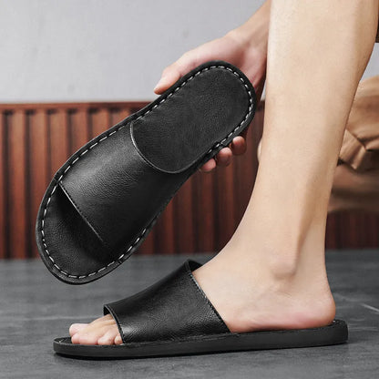 Men's brown leather casual sandals with a rubber sole, shown from the side.