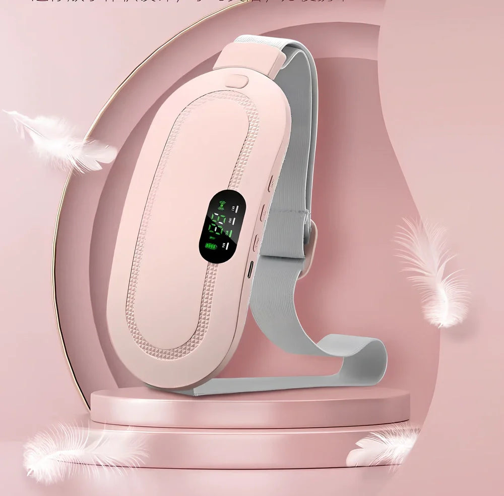 White electric heating belt with lumbar support showing USB connection and control buttons