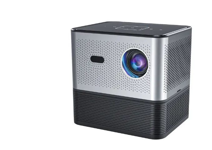 Silver mini projector with 720p resolution, 150 ANSI lumens, electric focus, and UK plug option