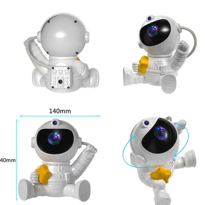 Astronaut-shaped projection lamp with starry display showing seven colour options and remote control