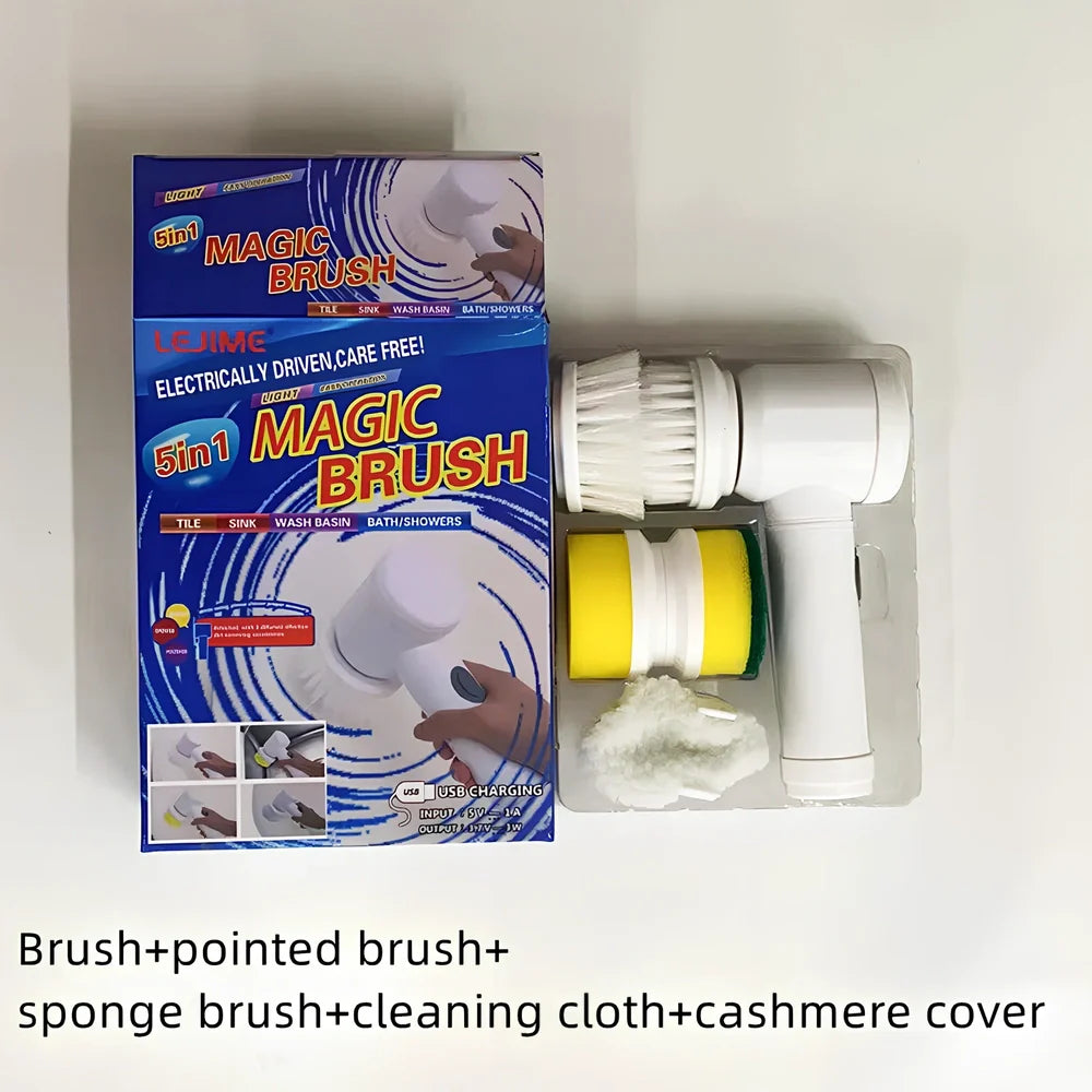 Electric cleaning brush with five interchangeable heads for kitchen and bathroom cleaning tasks