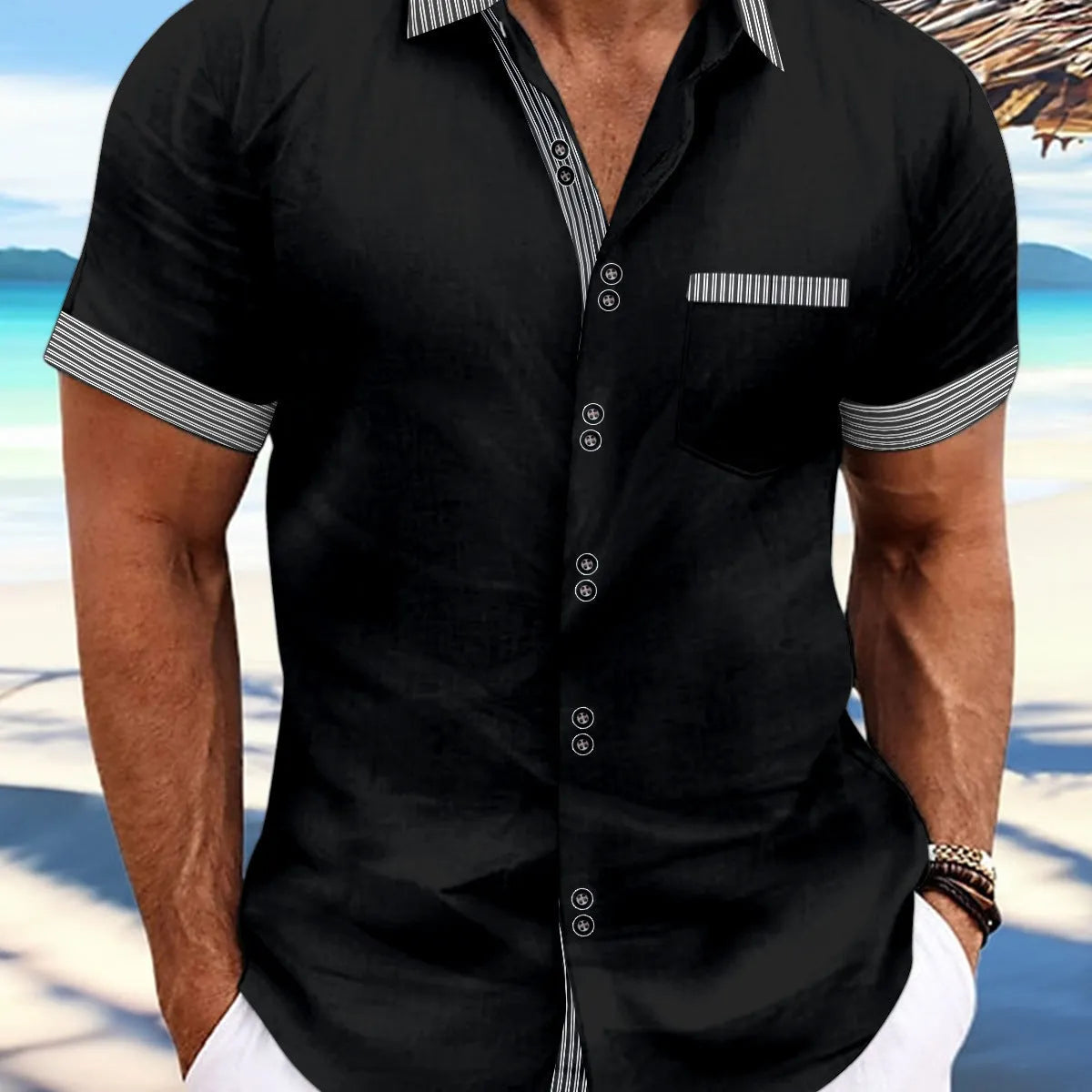 Men's slim fit striped casual shirt in pure cotton, shown on a hanger.