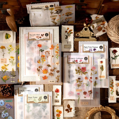 Forest label sticker material pack showing transfer paper and cotton linen sheets with nature designs in 85x180mm size