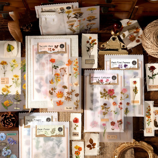 Forest label sticker material pack showing transfer paper and cotton linen sheets with nature designs in 85x180mm size