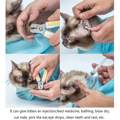 Adjustable polyester cat grooming bag with front zipper for easy paw access