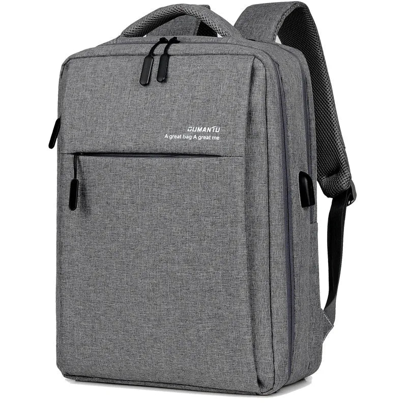Rechargeable waterproof black Oxford cloth laptop backpack for a 15.6-inch computer.