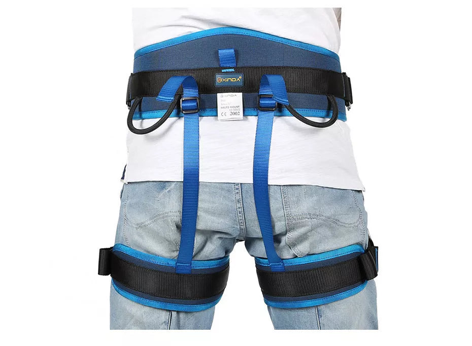Adjustable outdoor climbing belt in black, red, green, blue, and orange for safety and comfort