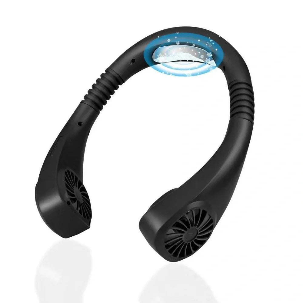 White USB charging small neck fan NC-01 with orange fan leaves, adjustable band for portable cooling