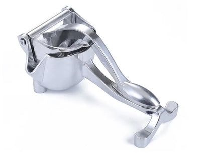 Silver heavy duty aluminium and steel lemon squeezer with large bowl and long handle.