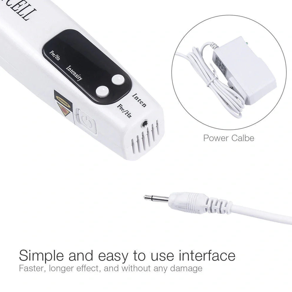 Blue home picosecond laser mole pen with adjustable intensity buttons and dual light therapy modes for skin treatment