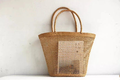 Cotton rope mesh straw shoulder bag for women with unique weaving pattern