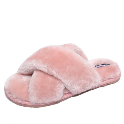 Cross open-toe fur slippers with non-slip patterned soles in black, showing ergonomic heel design
