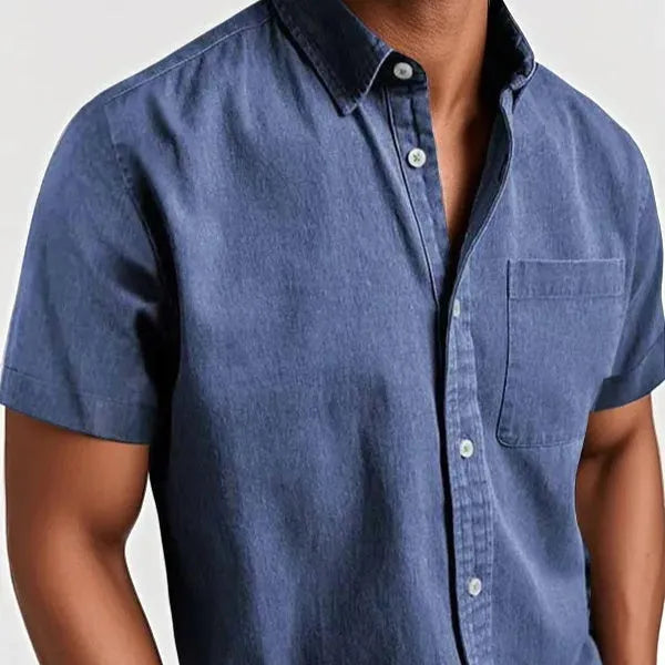 Men's loose fit single-breasted short sleeve shirt in a cotton blend fabric, shown in multiple colour options.