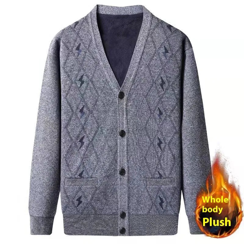 A plus size men's grey cardigan with batwing sleeves and a fleece lining, shown on a hanger.