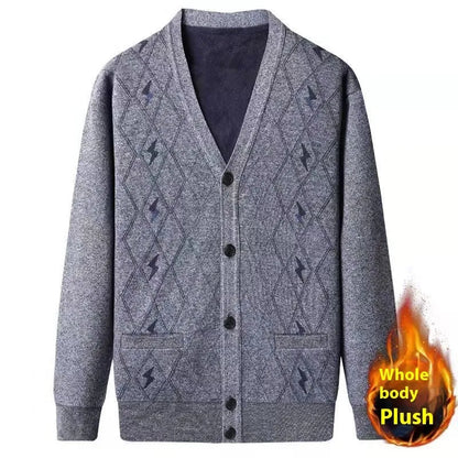 A plus size men's grey cardigan with batwing sleeves and a fleece lining, shown on a hanger.