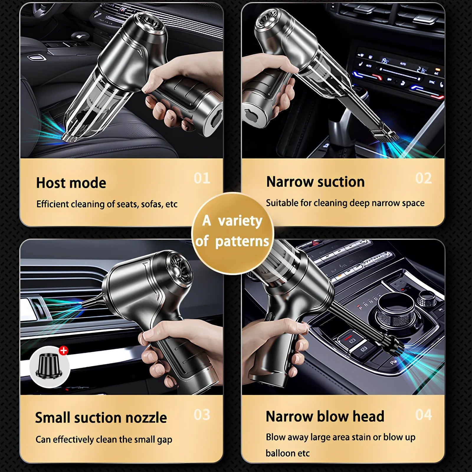 Wireless handheld car vacuum cleaner with multiple nozzle attachments for vehicle interior cleaning