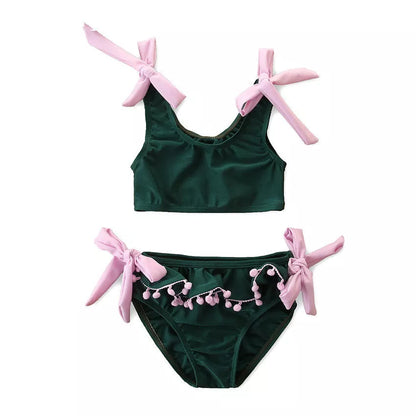 Girl's green cotton bikini swimsuit for summer, sizes 2T to 6T