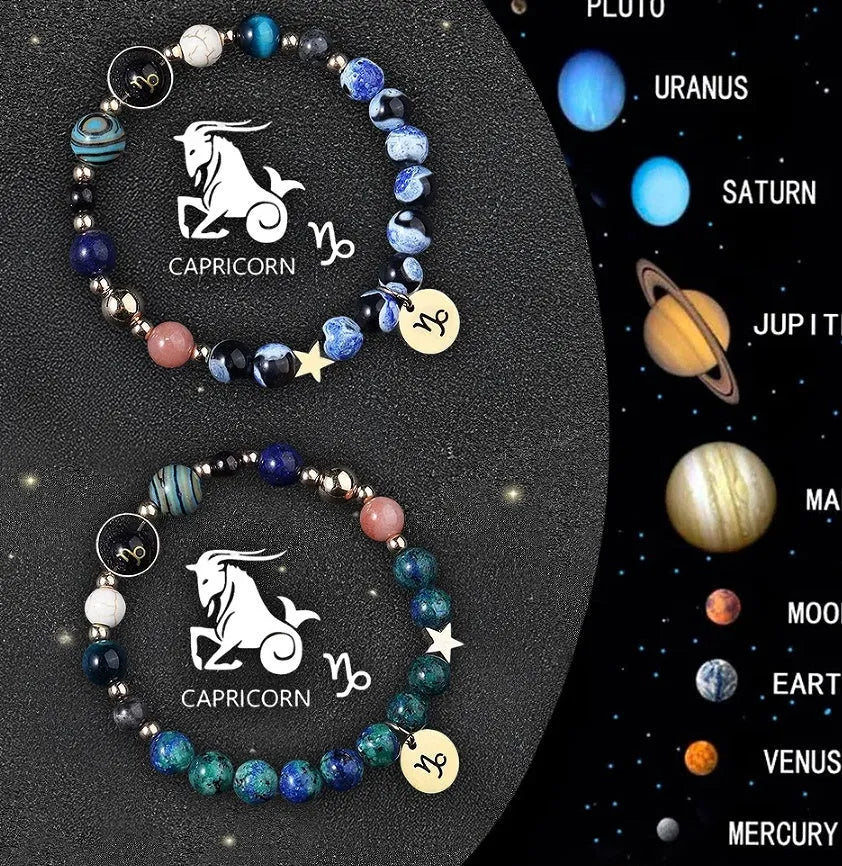 Twelve Zodiac Sign beaded bracelet set with natural stone beads and adjustable closure on wrist