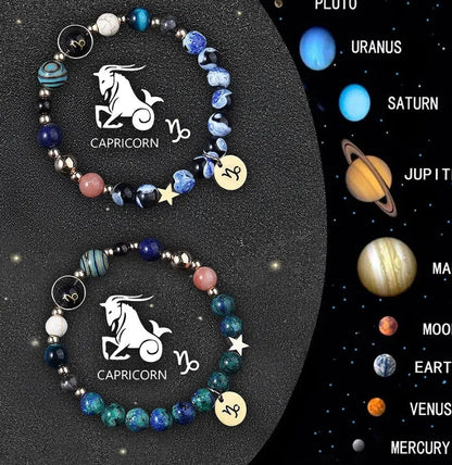 Twelve Zodiac Sign beaded bracelet set with natural stone beads and adjustable closure on wrist