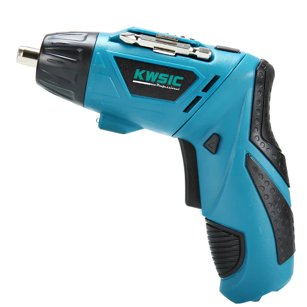 Blue 4.8V electric screwdriver with rotating handle and battery indicator light