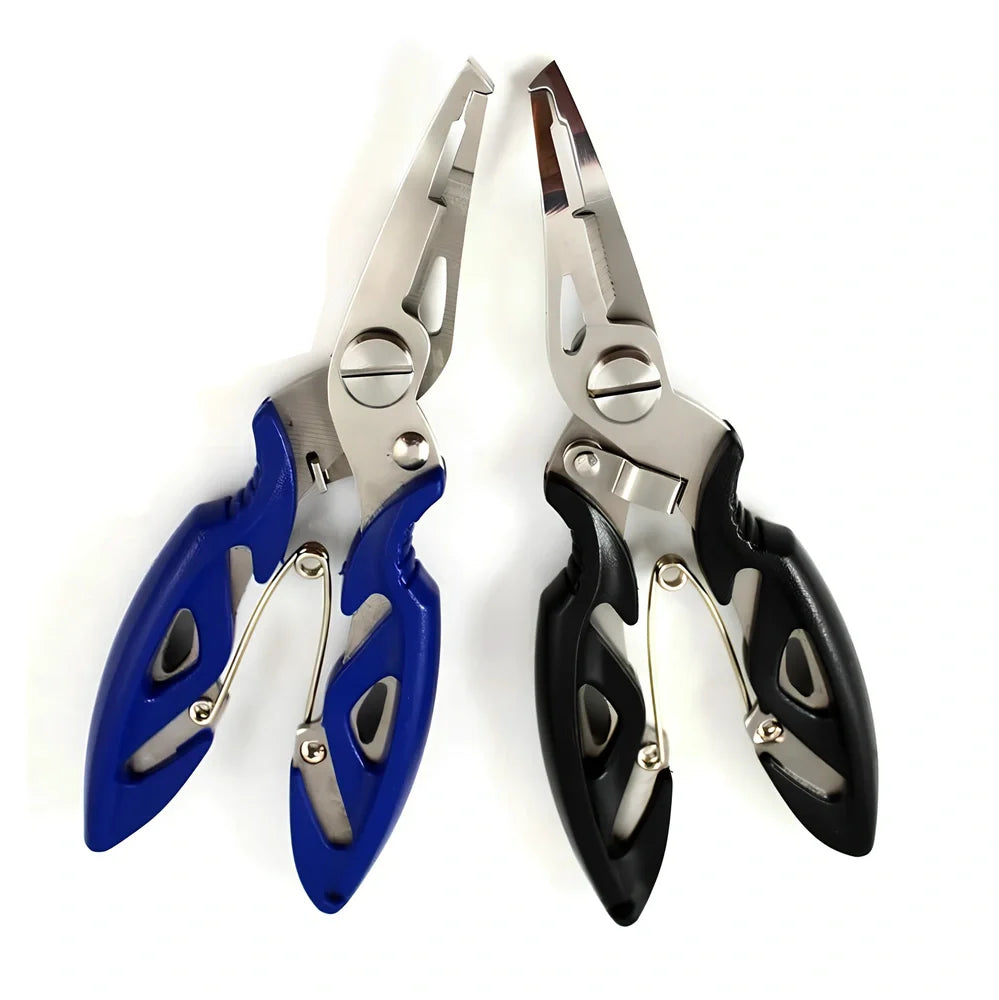 Stainless steel curved nose fishing pliers measuring 12.5cm with line cutter and protective covers
