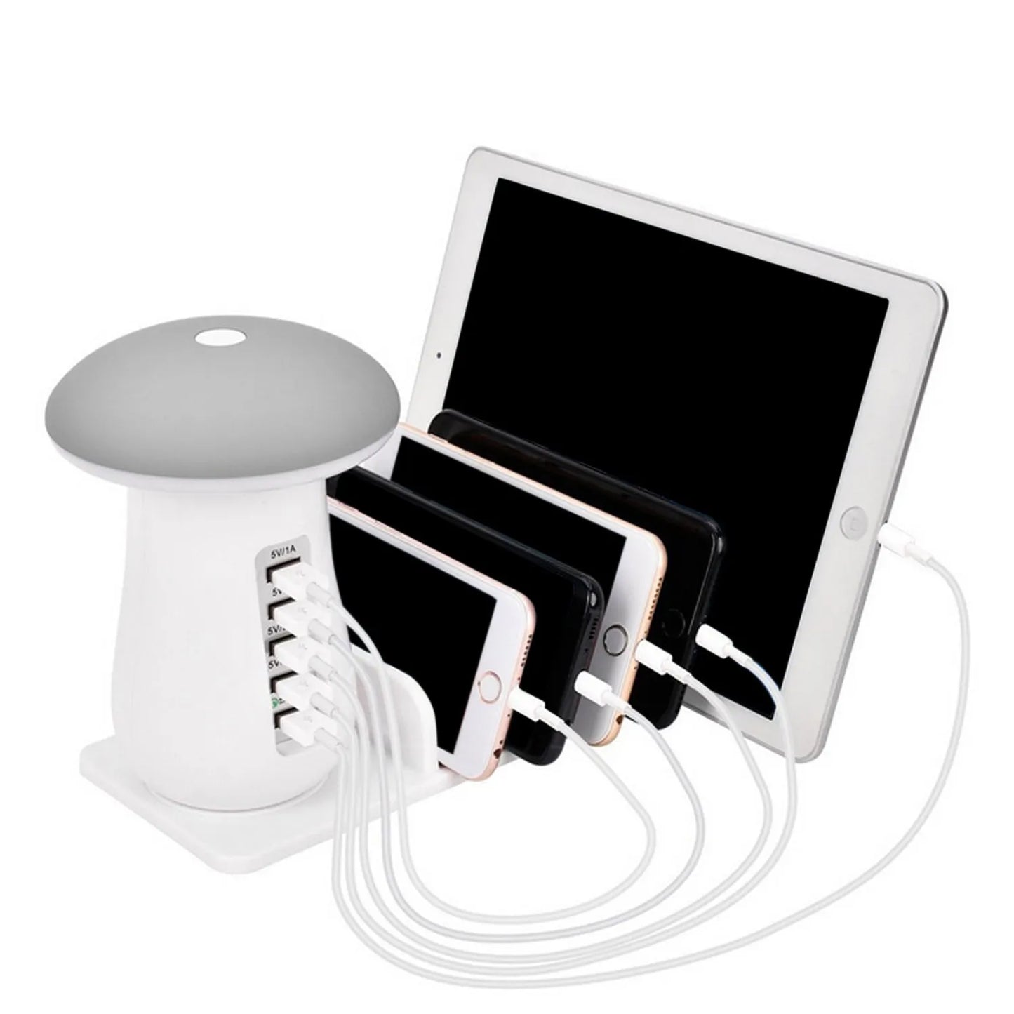 Besegad white mushroom-shaped USB charging dock station with five ports and a built-in LED light on a wooden desk.