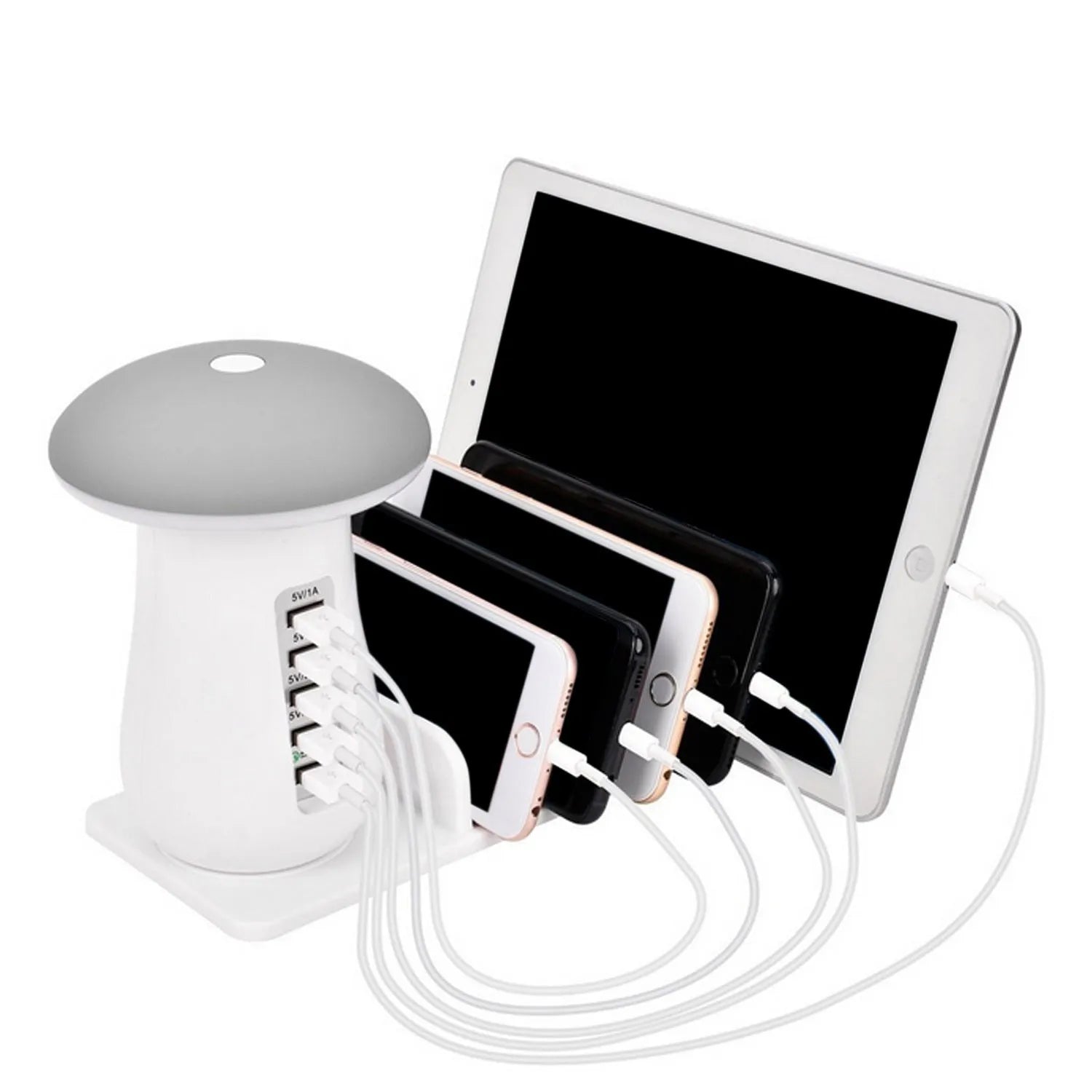 Besegad white mushroom-shaped USB charging dock station with five ports and a built-in LED light on a wooden desk.