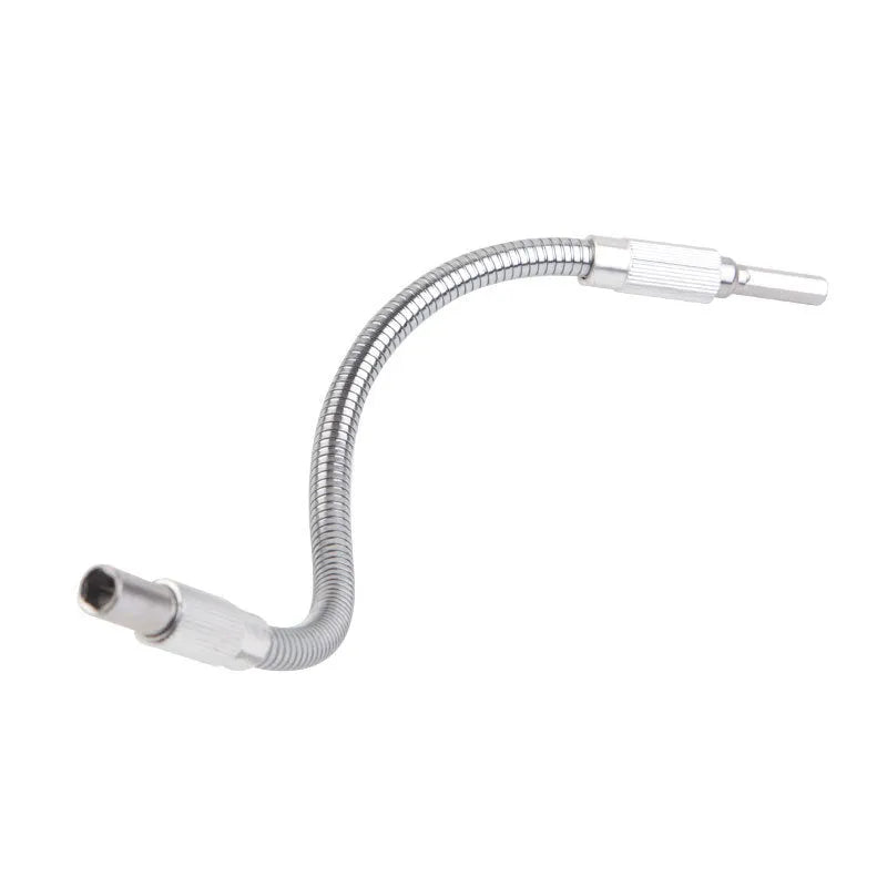 Silver flexible metal shaft extension for power drills with 6.35mm shank in various lengths.