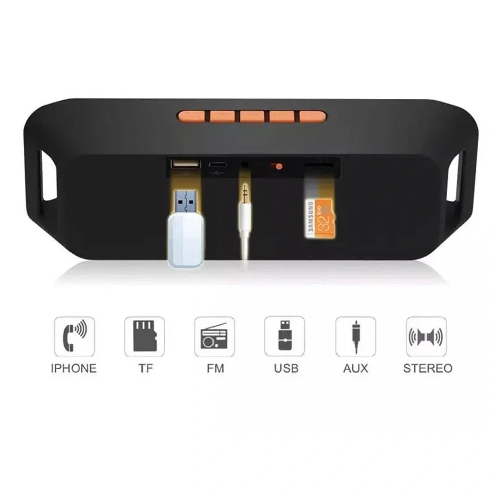 Blue portable Bluetooth speaker with dual speakers showing dimensions 20x6.5x4cm