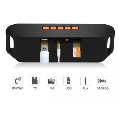 Blue portable Bluetooth speaker with dual speakers showing dimensions 20x6.5x4cm