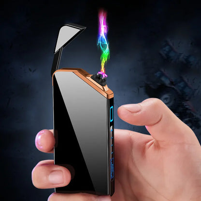 USB rechargeable double arc lighter in zinc alloy with ice noodle finish, 73x35x11mm, available in six colours