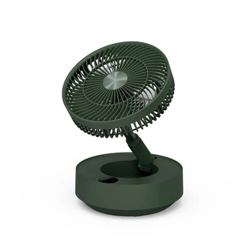 Green and white storage floor electric fan extended to vertical position with remote control