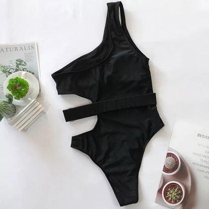 Black one shoulder bikini swimwear made from durable nylon