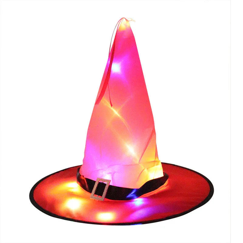 A colorful LED-illuminated witch hat with elf ears, perfect for Halloween home decor and parties.