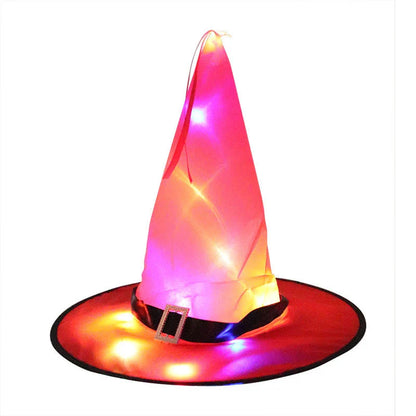 A colorful LED-illuminated witch hat with elf ears, perfect for Halloween home decor and parties.