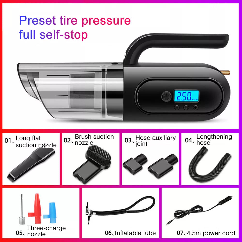 Multi-function Vehicle Vacuum Cleaner with tire pressure detection and lighting