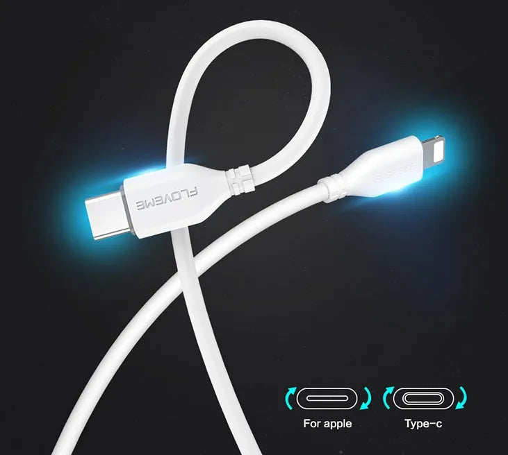White one-metre USB-C to Lightning charging cable for iPhone on a plain background