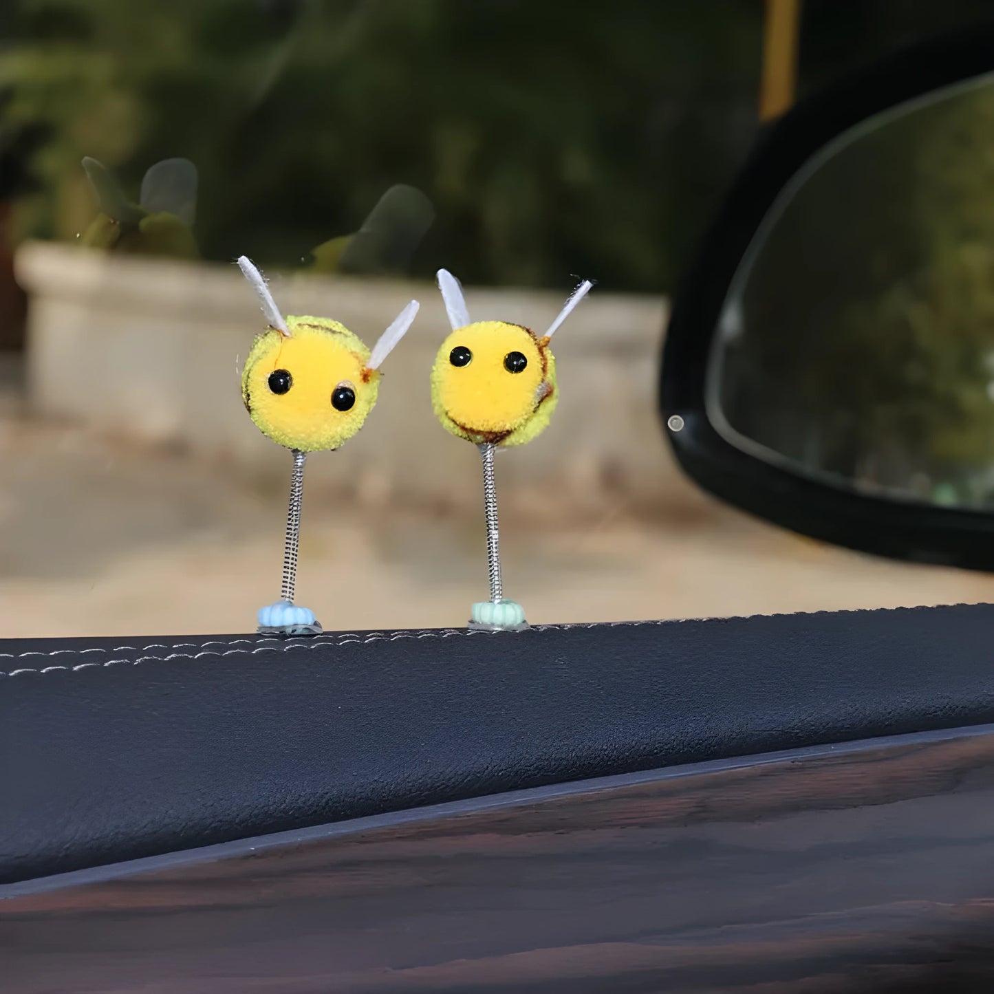 Cartoon Little Bee car decoration with swing spring, 3x3cm fur ball ornament
