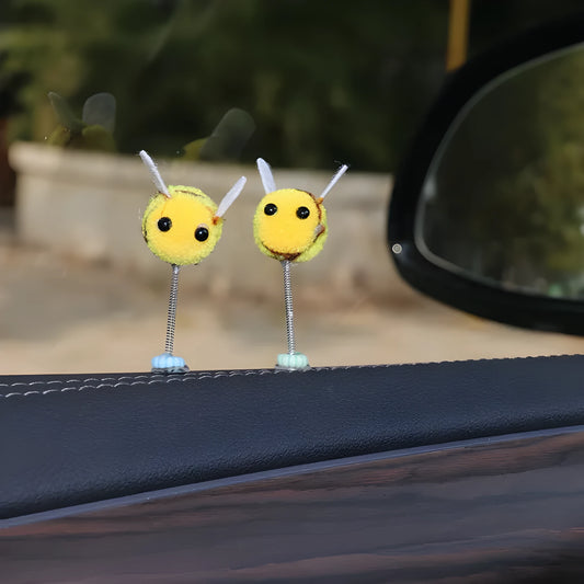 Cartoon Little Bee car decoration with swing spring, 3x3cm fur ball ornament
