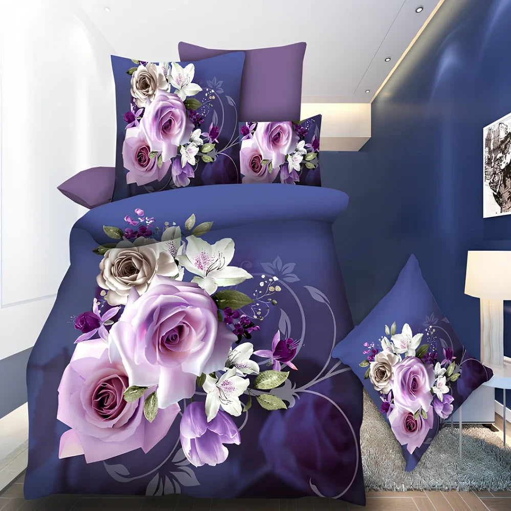Brushed 3D floral pattern four-piece bedding set with quilt cover, sheets, and pillowcases in blue colour